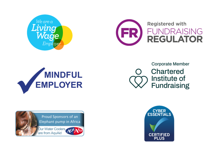 An image showing the accreditations Capacity holds, including Living Wage Employer, Mindful Employer, and Cyber Essentials Plus. There are also logos to show Capacity is registered with the Fundraising Regulator and are a Corporate Member of the Chartered Institute of Fundraising. A final logo shows the company sponsors an elephant pump in Africa through AquAid.