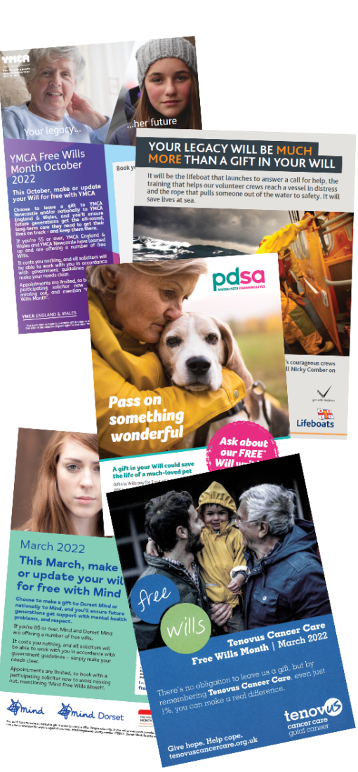 An image of a selection of promotional materials created for individual charities who have run Solo campaigns